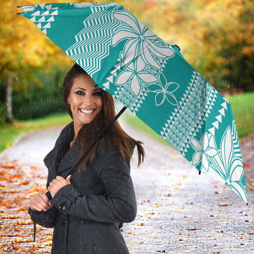 Hawaii Kakau Tribal Umbrella With Teal Tiare LT05 - Polynesian Pride