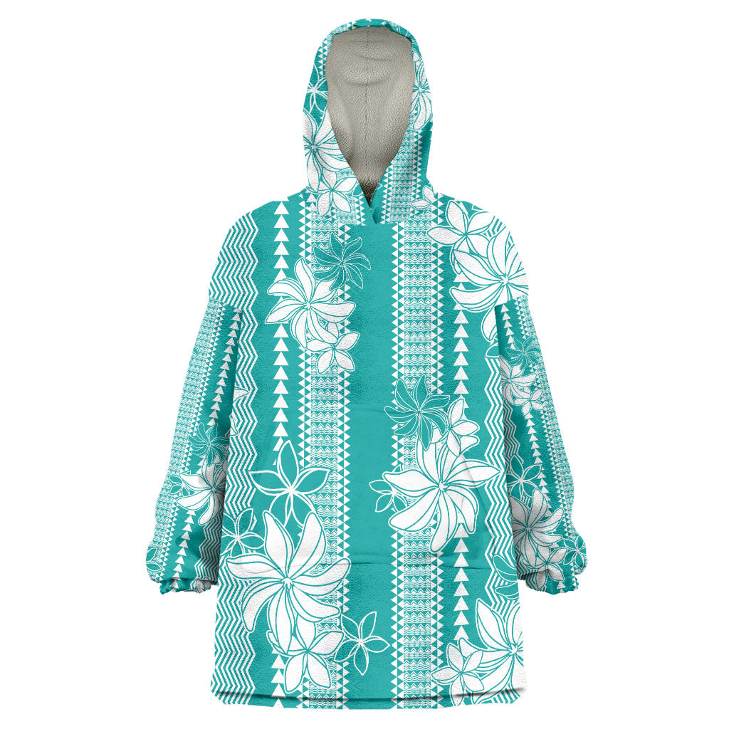 Hawaii Kakau Tribal Wearable Blanket Hoodie With Teal Tiare LT05 One Size Teal - Polynesian Pride