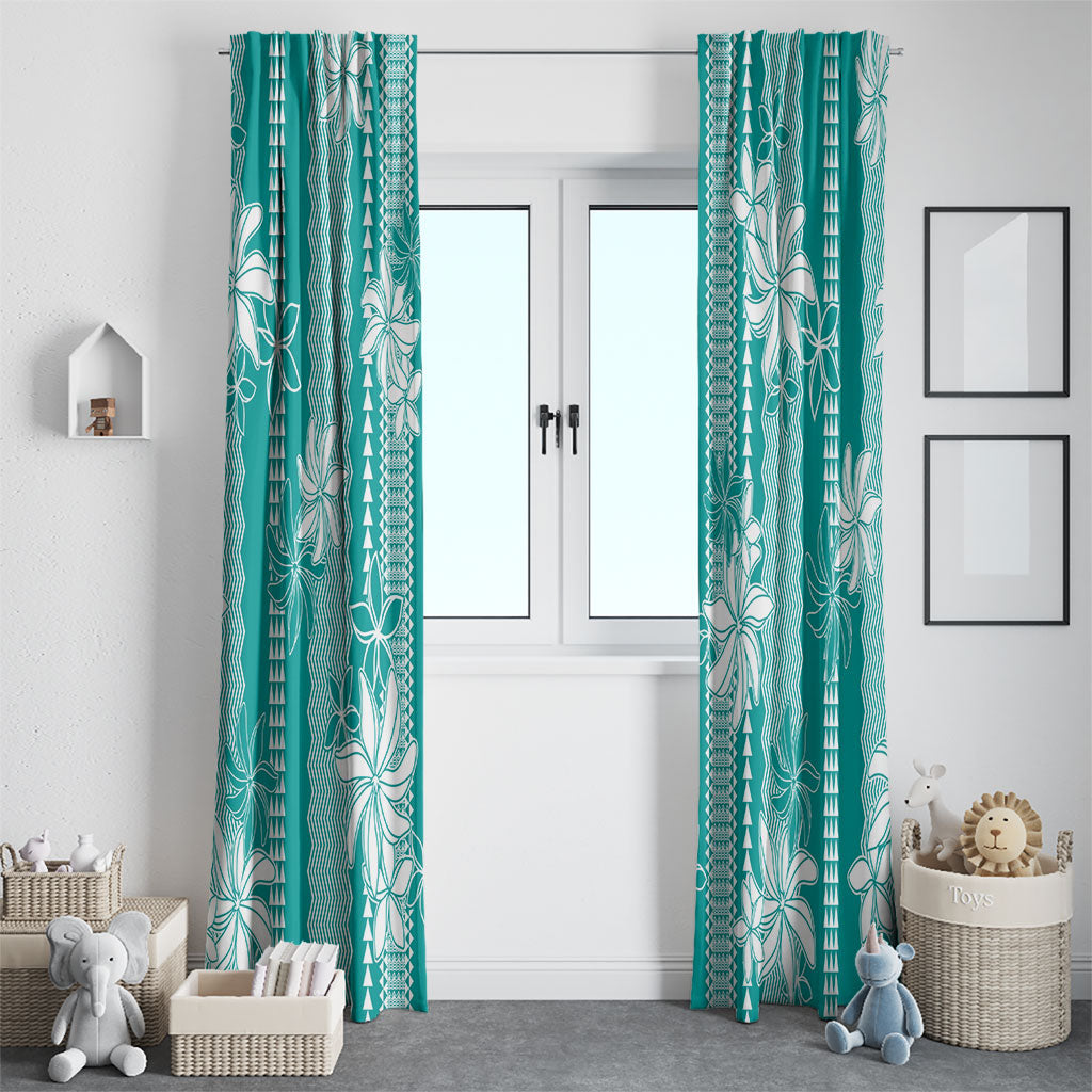 Hawaii Kakau Tribal Window Curtain With Teal Tiare