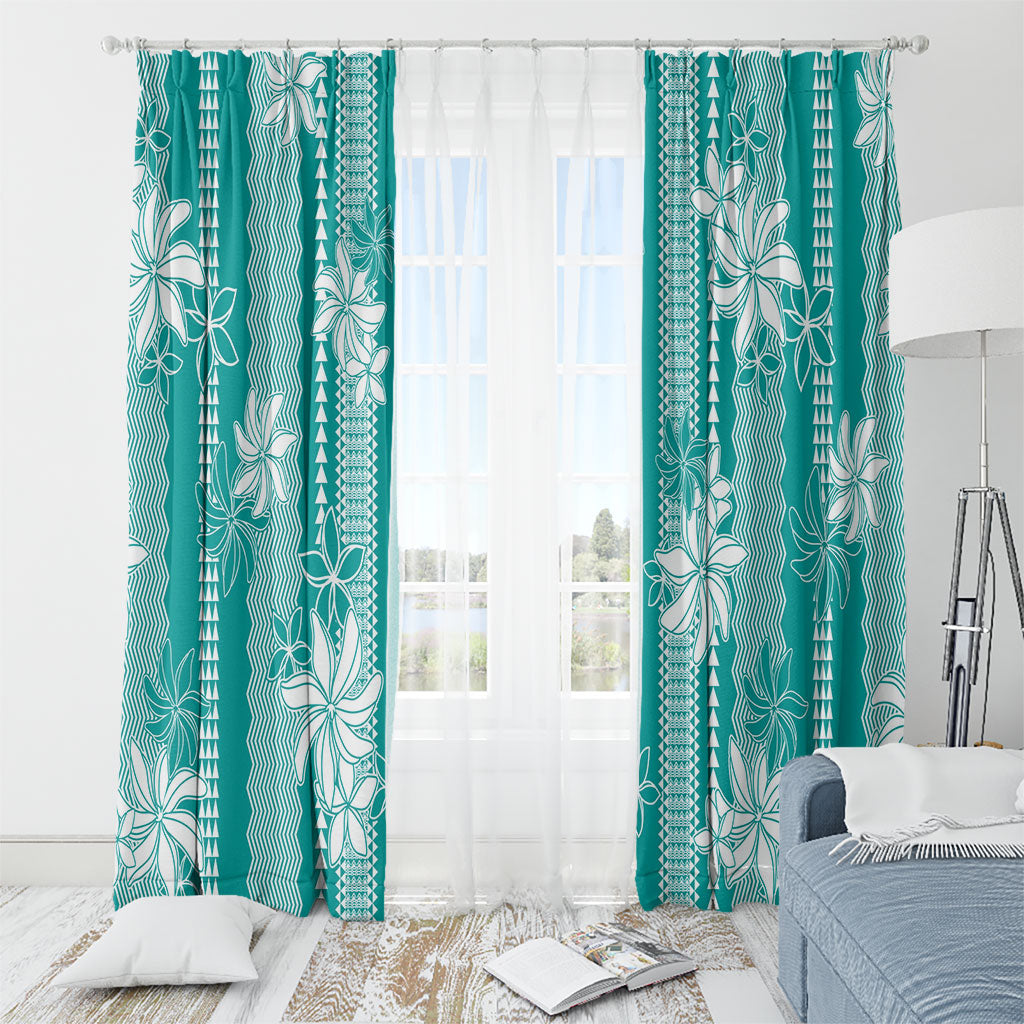 Hawaii Kakau Tribal Window Curtain With Teal Tiare