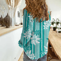 Hawaii Kakau Tribal Women Casual Shirt With Teal Tiare LT05 - Polynesian Pride