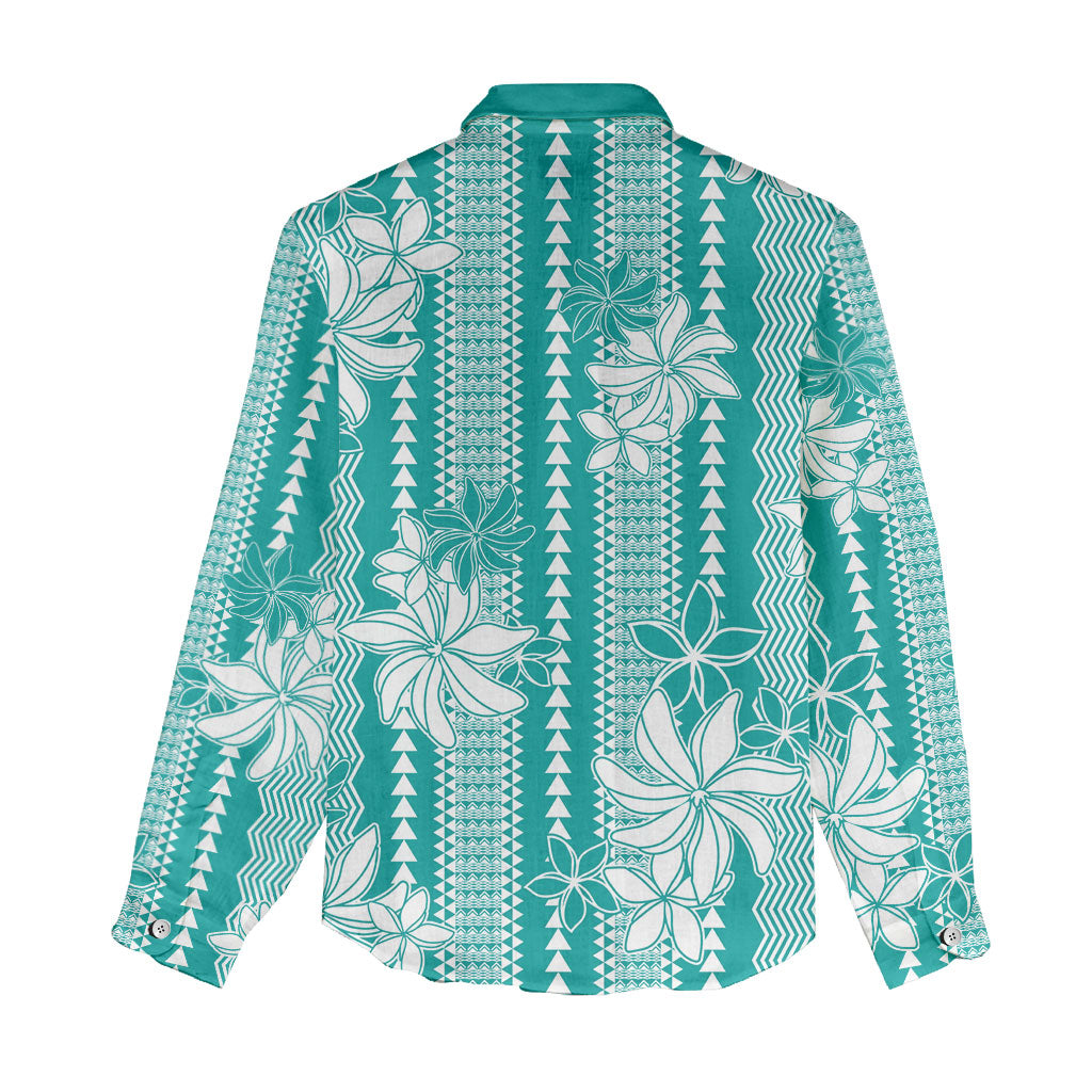 Hawaii Kakau Tribal Women Casual Shirt With Teal Tiare LT05 - Polynesian Pride