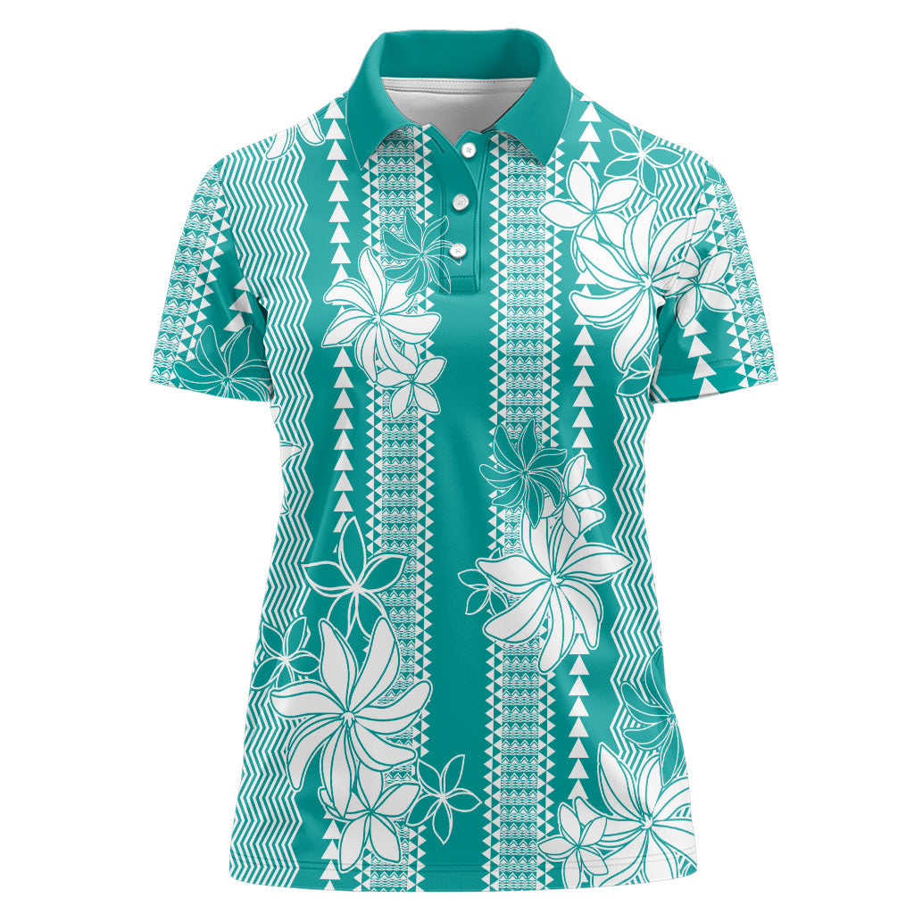 Hawaii Kakau Tribal Women Polo Shirt With Teal Tiare LT05 Female Teal - Polynesian Pride