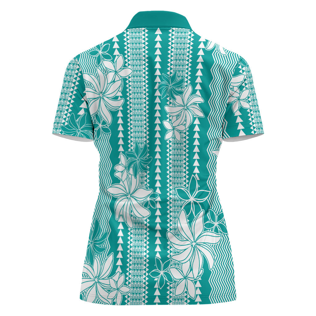 Hawaii Kakau Tribal Women Polo Shirt With Teal Tiare LT05 - Polynesian Pride