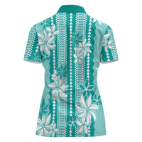 Hawaii Kakau Tribal Women Polo Shirt With Teal Tiare LT05 - Polynesian Pride