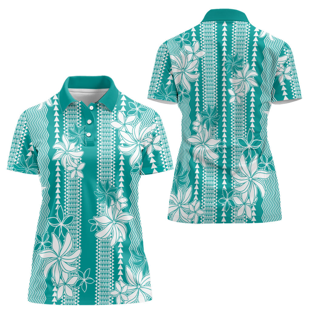 Hawaii Kakau Tribal Women Polo Shirt With Teal Tiare LT05 - Polynesian Pride