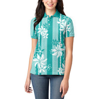 Hawaii Kakau Tribal Women Polo Shirt With Teal Tiare LT05 - Polynesian Pride