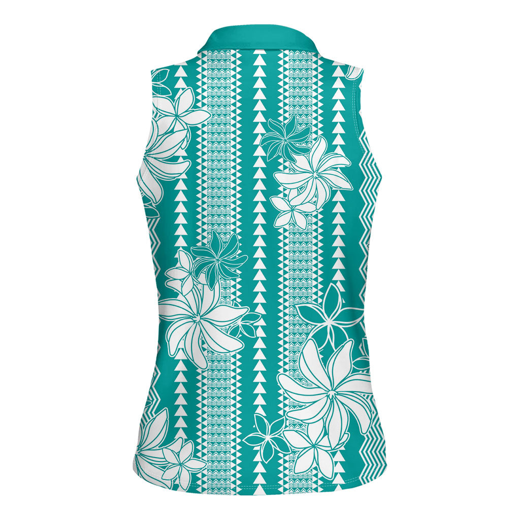 Hawaii Kakau Tribal Women Sleeveless Polo Shirt With Teal Tiare