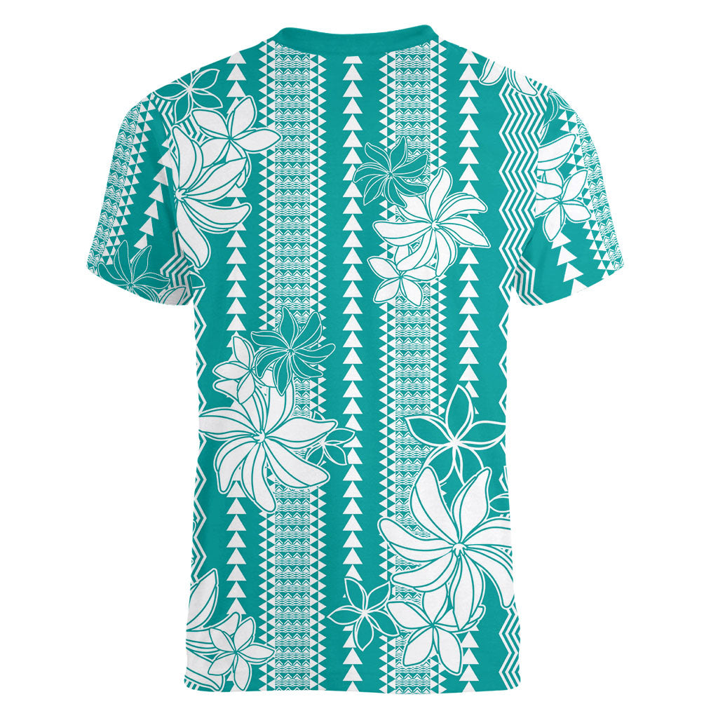 Hawaii Kakau Tribal Women V-Neck T-Shirt With Teal Tiare LT05 - Polynesian Pride