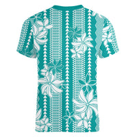 Hawaii Kakau Tribal Women V-Neck T-Shirt With Teal Tiare LT05 - Polynesian Pride