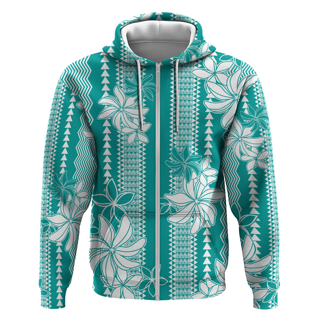 Hawaii Kakau Tribal Zip Hoodie With Teal Tiare LT05 Zip Hoodie Teal - Polynesian Pride