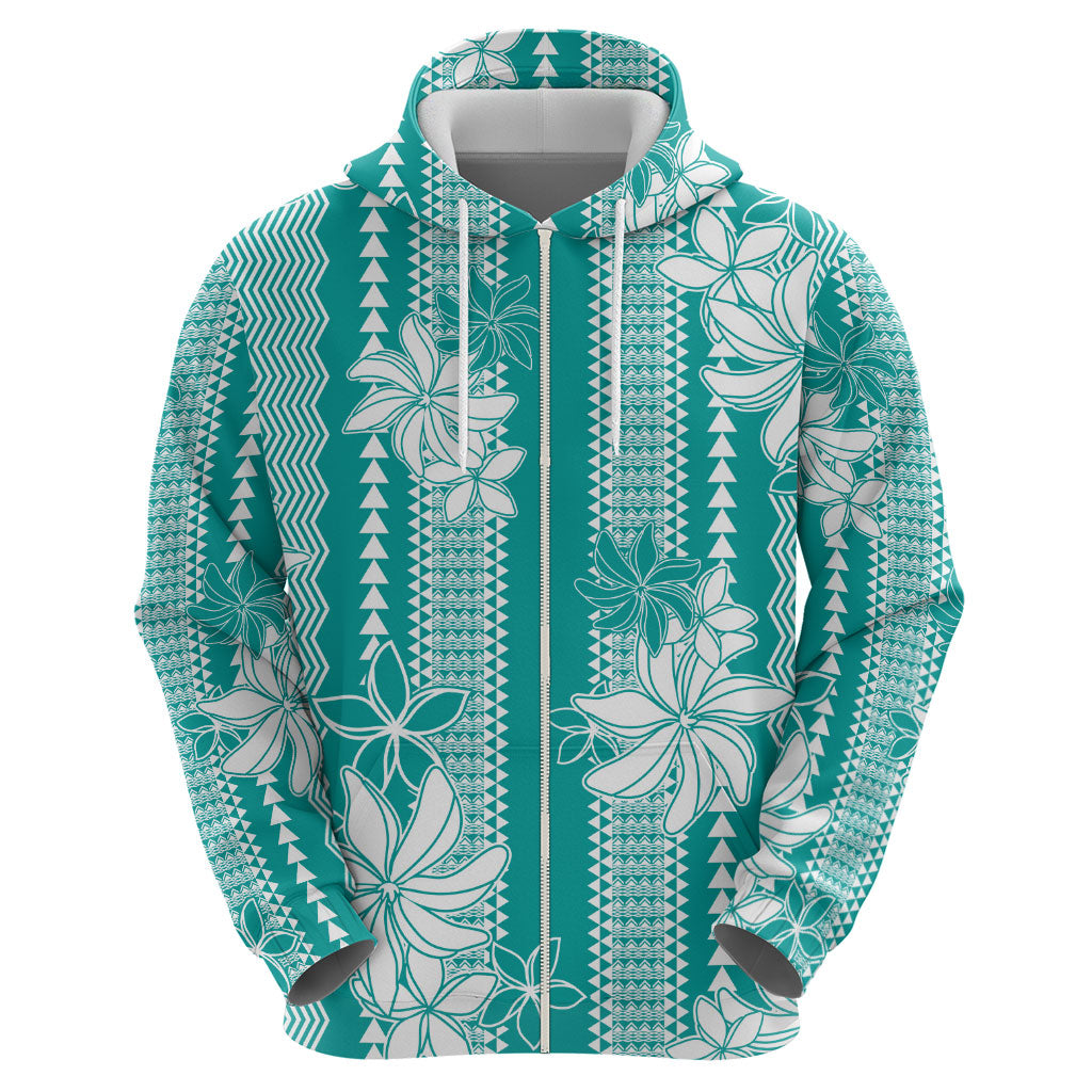 Hawaii Kakau Tribal Zip Hoodie With Teal Tiare