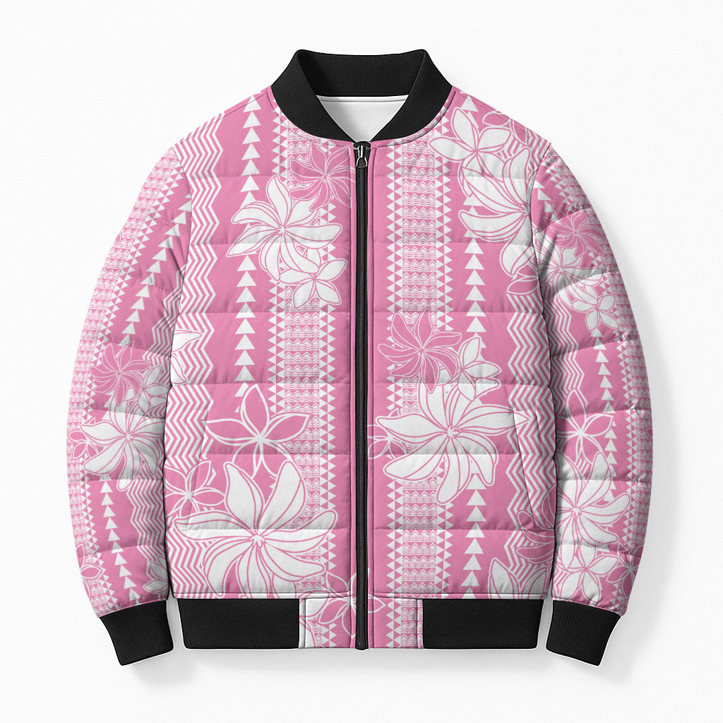 Hawaii Kakau Tribal Bomber Puffer Jacket With Pink Tiare LT05 Unisex Pink - Polynesian Pride