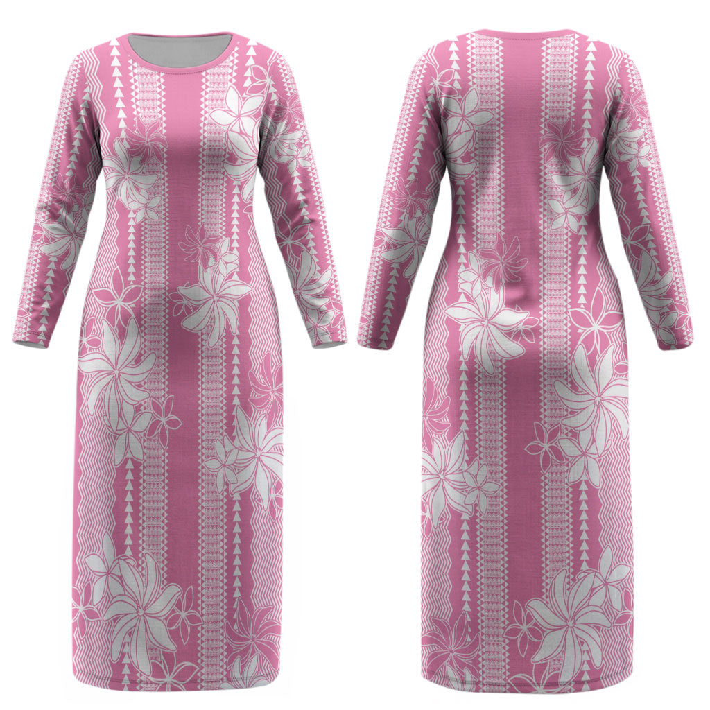 Hawaii Kakau Tribal Couples Matching Long Sleeve Bodycon Dress and Hawaiian Shirt With Pink Tiare LT05