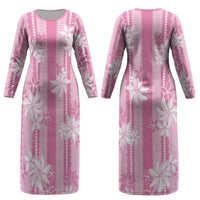 Hawaii Kakau Tribal Couples Matching Long Sleeve Bodycon Dress and Hawaiian Shirt With Pink Tiare LT05