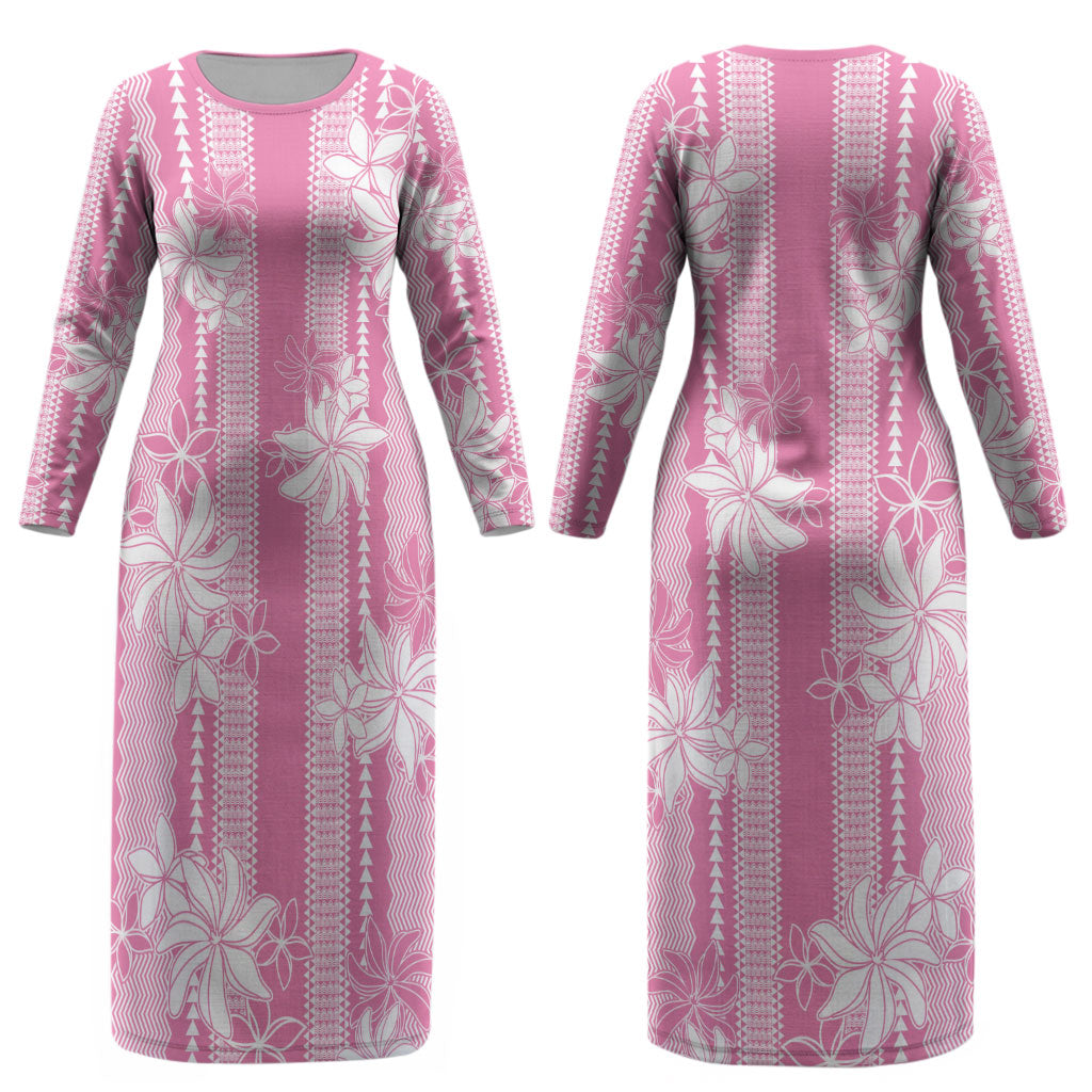 Hawaii Kakau Tribal Couples Matching Long Sleeve Bodycon Dress and Long Sleeve Button Shirt With Pink Tiare LT05