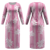 Hawaii Kakau Tribal Couples Matching Long Sleeve Bodycon Dress and Long Sleeve Button Shirt With Pink Tiare LT05