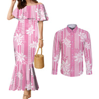 Hawaii Kakau Tribal Couples Matching Mermaid Dress and Long Sleeve Button Shirt With Pink Tiare