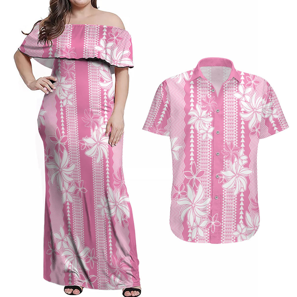 Hawaii Kakau Tribal Couples Matching Off Shoulder Maxi Dress and Hawaiian Shirt With Pink Tiare LT05 Pink - Polynesian Pride