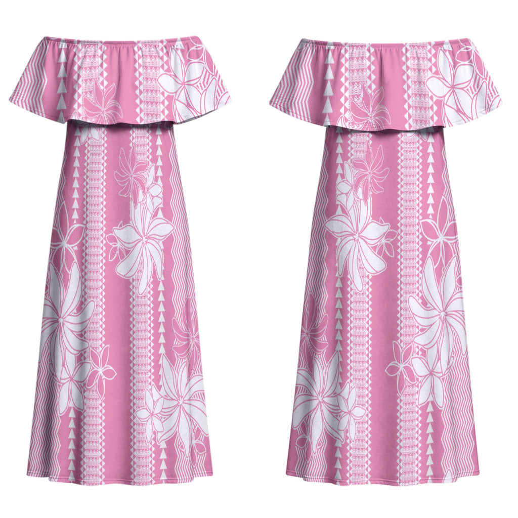 Hawaii Kakau Tribal Couples Matching Off Shoulder Maxi Dress and Long Sleeve Button Shirt With Pink Tiare LT05