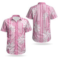 Hawaii Kakau Tribal Couples Matching Off Shoulder Short Dress and Hawaiian Shirt With Pink Tiare LT05