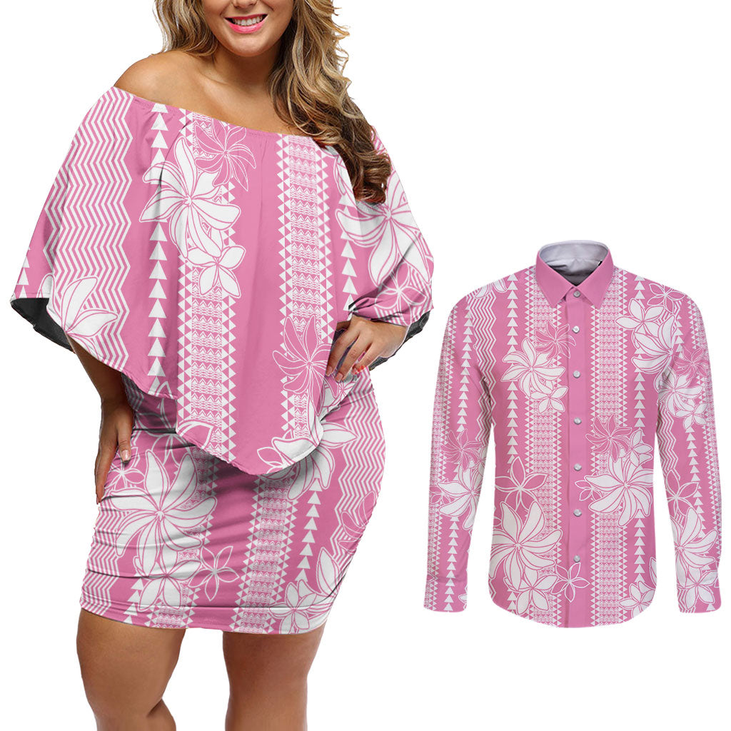 Hawaii Kakau Tribal Couples Matching Off Shoulder Short Dress and Long Sleeve Button Shirt With Pink Tiare LT05 Pink - Polynesian Pride