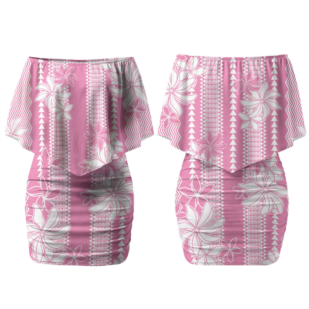 Hawaii Kakau Tribal Couples Matching Off Shoulder Short Dress and Long Sleeve Button Shirt With Pink Tiare LT05