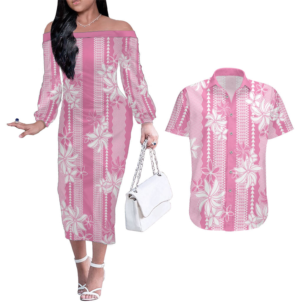 Hawaii Kakau Tribal Couples Matching Off The Shoulder Long Sleeve Dress and Hawaiian Shirt With Pink Tiare