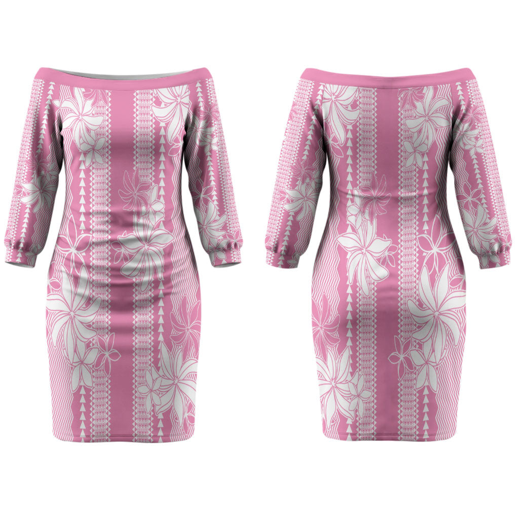 Hawaii Kakau Tribal Couples Matching Off The Shoulder Long Sleeve Dress and Long Sleeve Button Shirt With Pink Tiare LT05