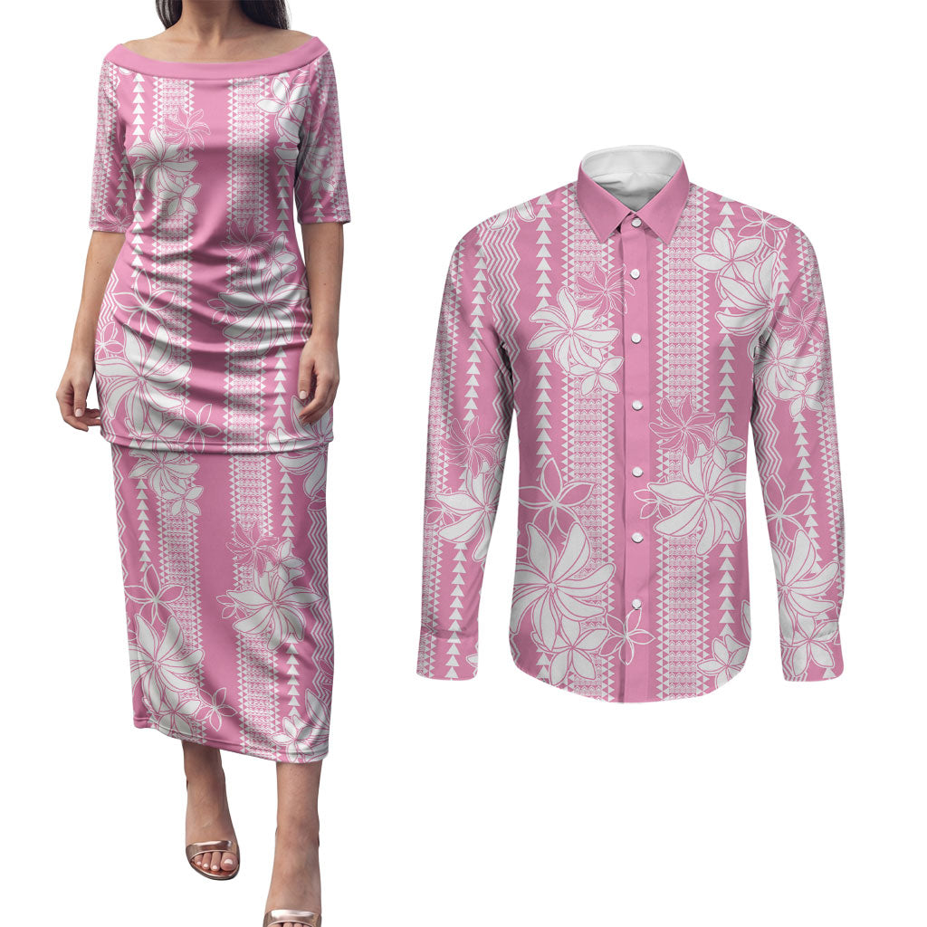 Hawaii Kakau Tribal Couples Matching Puletasi and Long Sleeve Button Shirt With Pink Tiare LT05 Pink - Polynesian Pride