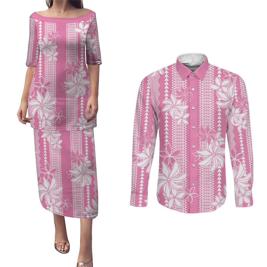 Hawaii Kakau Tribal Couples Matching Puletasi and Long Sleeve Button Shirt With Pink Tiare LT05 Pink - Polynesian Pride