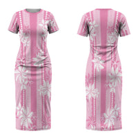 Hawaii Kakau Tribal Couples Matching Short Sleeve Bodycon Dress and Long Sleeve Button Shirt With Pink Tiare LT05
