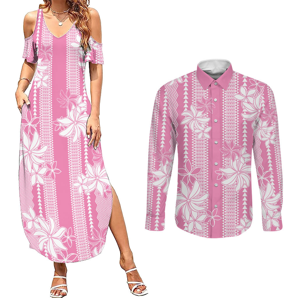 Hawaii Kakau Tribal Couples Matching Summer Maxi Dress and Long Sleeve Button Shirt With Pink Tiare LT05 Pink - Polynesian Pride
