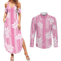 Hawaii Kakau Tribal Couples Matching Summer Maxi Dress and Long Sleeve Button Shirt With Pink Tiare