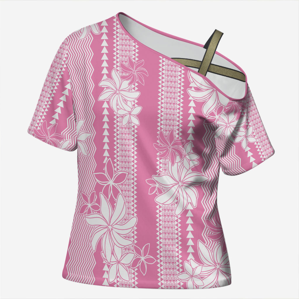 Hawaii Kakau Tribal Cross Shoulder Shirt With Pink Tiare LT05 Female Pink - Polynesian Pride