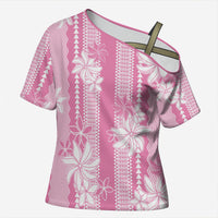 Hawaii Kakau Tribal Cross Shoulder Shirt With Pink Tiare LT05 Female Pink - Polynesian Pride