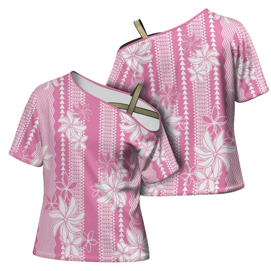 Hawaii Kakau Tribal Cross Shoulder Shirt With Pink Tiare LT05 - Polynesian Pride