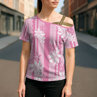 Hawaii Kakau Tribal Cross Shoulder Shirt With Pink Tiare LT05 - Polynesian Pride