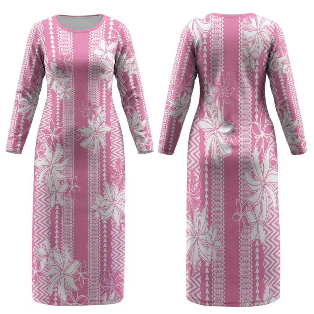 Hawaii Kakau Tribal Family Matching Long Sleeve Bodycon Dress and Hawaiian Shirt With Pink Tiare LT05 - Polynesian Pride