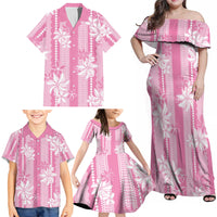 Hawaii Kakau Tribal Family Matching Off Shoulder Maxi Dress and Hawaiian Shirt With Pink Tiare