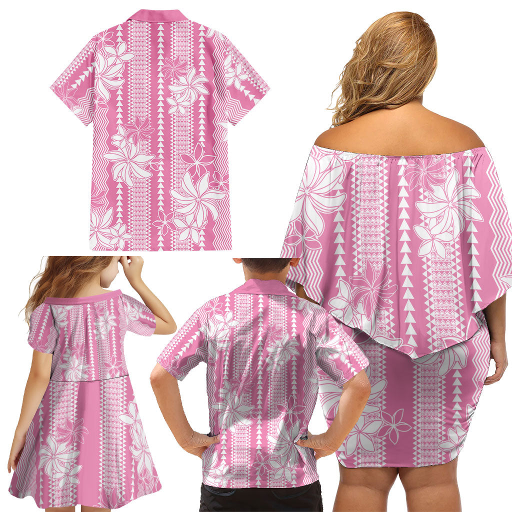 Hawaii Kakau Tribal Family Matching Off Shoulder Short Dress and Hawaiian Shirt With Pink Tiare