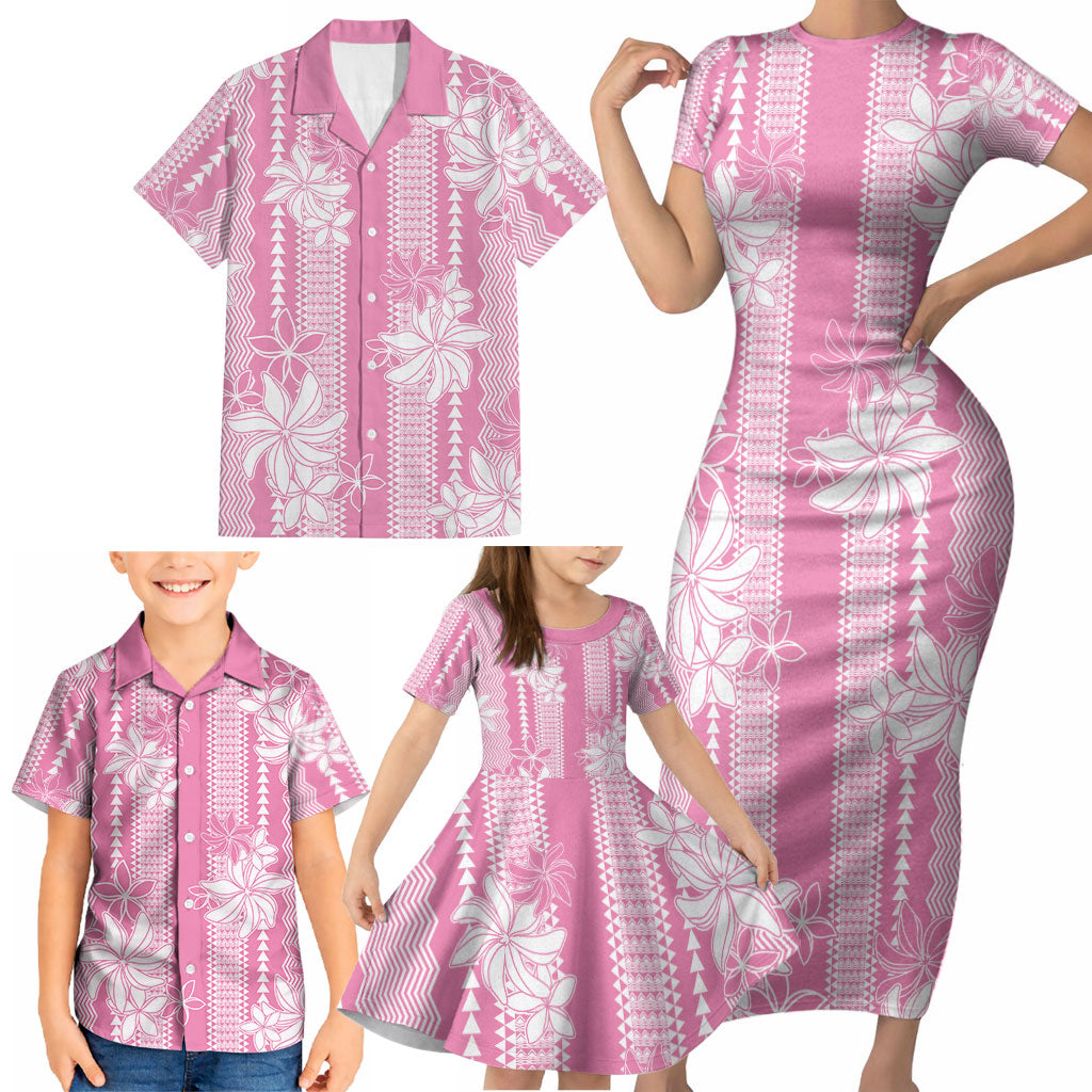 Hawaii Kakau Tribal Family Matching Short Sleeve Bodycon Dress and Hawaiian Shirt With Pink Tiare LT05 - Polynesian Pride