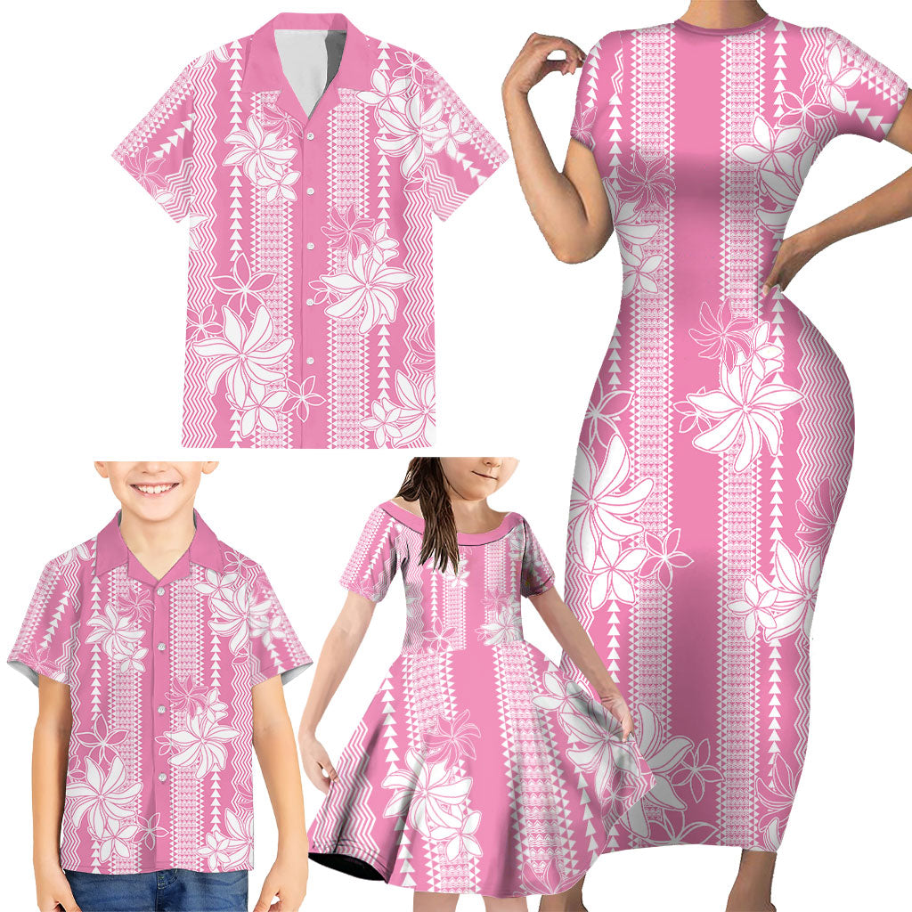Hawaii Kakau Tribal Family Matching Short Sleeve Bodycon Dress and Hawaiian Shirt With Pink Tiare LT05 - Polynesian Pride