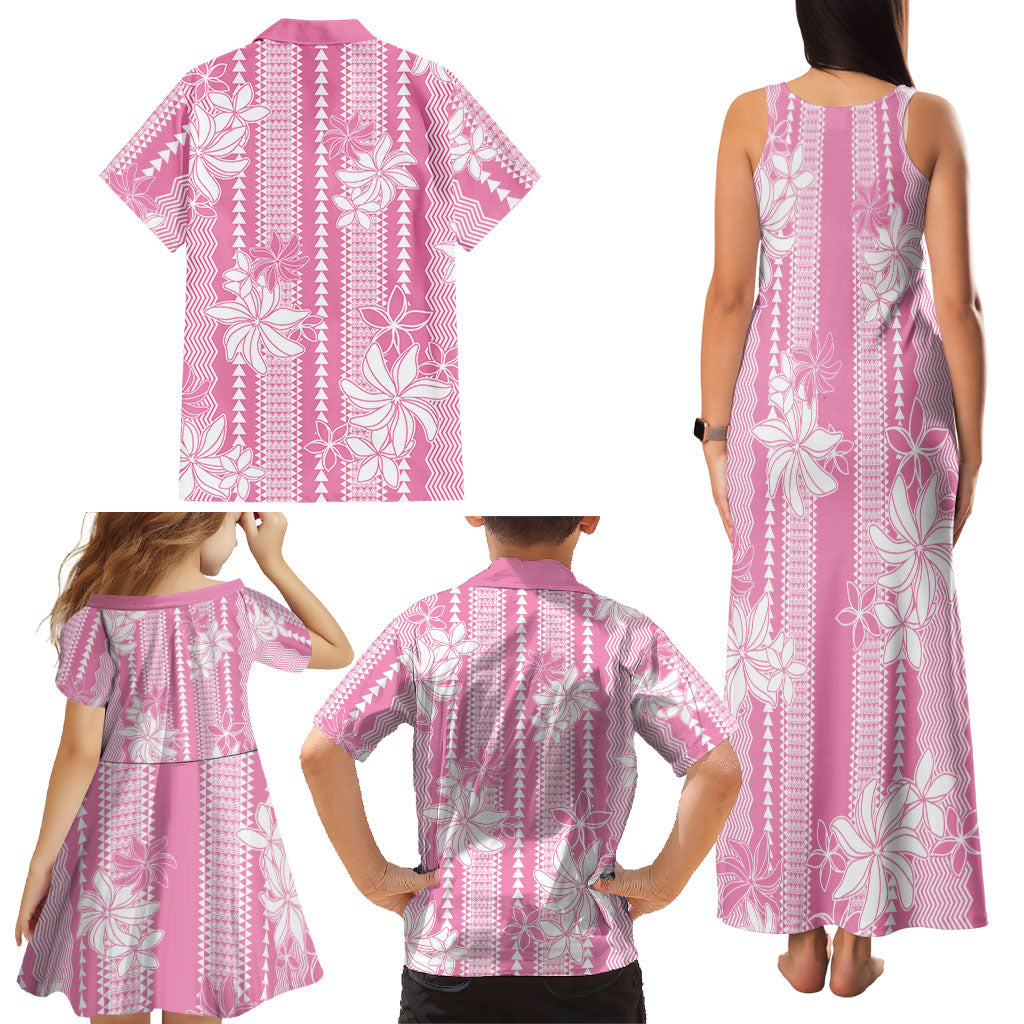 Hawaii Kakau Tribal Family Matching Tank Maxi Dress and Hawaiian Shirt With Pink Tiare