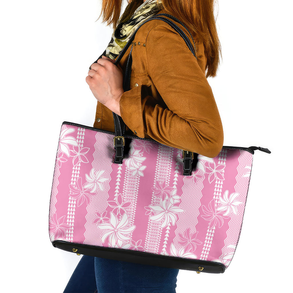 Hawaii Kakau Tribal Leather Tote Bag With Pink Tiare LT05 Pink - Polynesian Pride