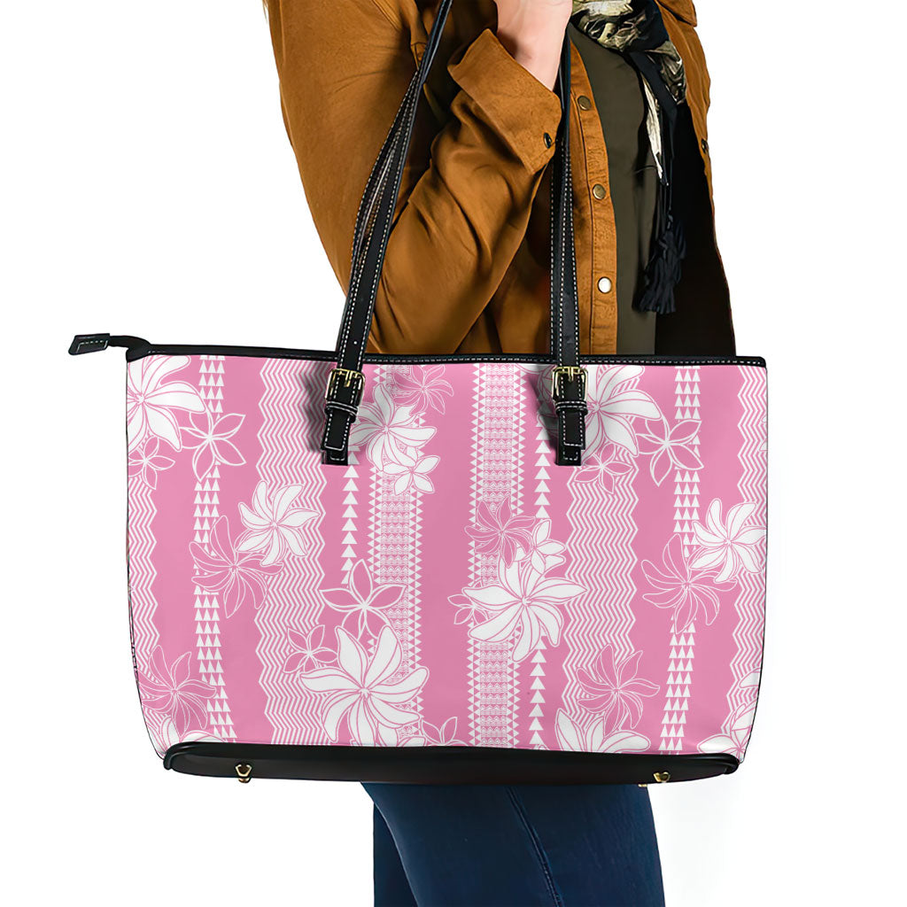 Hawaii Kakau Tribal Leather Tote Bag With Pink Tiare LT05 - Polynesian Pride