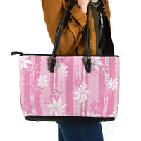 Hawaii Kakau Tribal Leather Tote Bag With Pink Tiare LT05 - Polynesian Pride