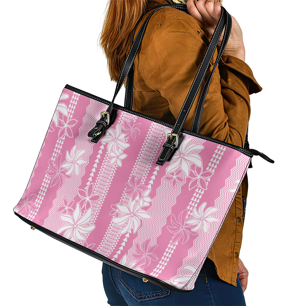 Hawaii Kakau Tribal Leather Tote Bag With Pink Tiare LT05 - Polynesian Pride