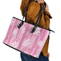 Hawaii Kakau Tribal Leather Tote Bag With Pink Tiare LT05 - Polynesian Pride