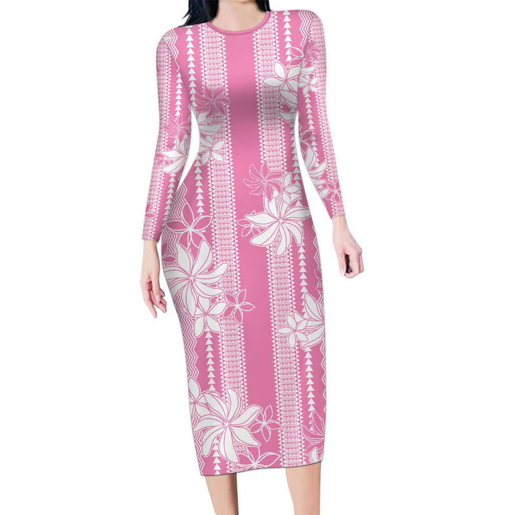 Hawaii Kakau Tribal Long Sleeve Bodycon Dress With Pink Tiare LT05 Long Dress Pink - Polynesian Pride